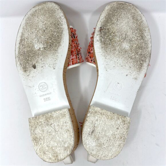 Chanel Logo Tweed Cork Slide Sandals 38.5 Coral CR21 Cruise 2021 - Picture 9 of 11